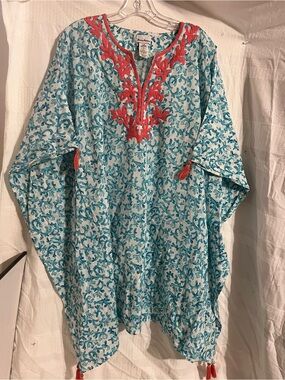 Tommy Bahama Turquoise and Coral Embroidered Tunic